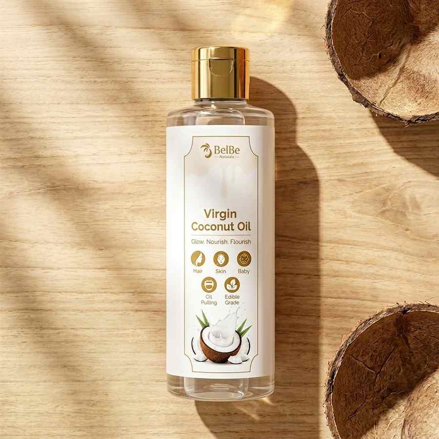 BelBe Naturals Virgin Coconut Oil on wood surface with coconut